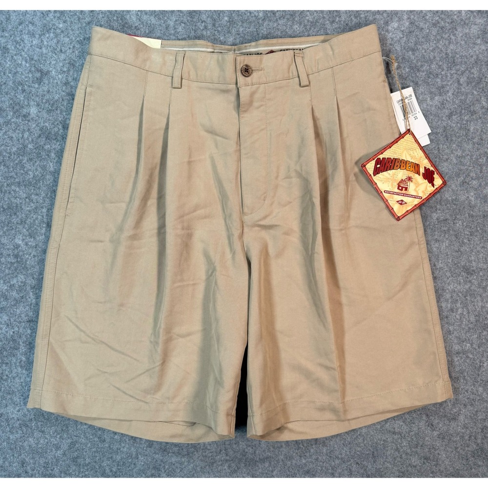Caribbean Joe Mens Pleated Khaki Shorts Tan Herringbone Lyocell Blend Sz 33 NWT